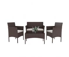 Set Di Mobili da Giardino in Rattan 4 Posti Salottino Salotto E Tavolino Con Ripiano In Vetro 2 Poltrone E Divano 2 Posti Con Cuscini Sfoderabili Giardino Esterno Piscina Veranda Terrazzo (Brown)