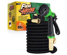 Flexi Hose Canna per Giardino, Extra-Forte, raccordi in Puro Ottone da 3/4 - Il Top delle canne per Acqua Flessibili, Senza intoppi, Spray con 8 funzioni compreso (50 FT, Nero)