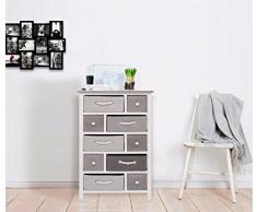 Rebecca Mobili Cassettiera Mobiletto 5 Cassetti 5 Cesti Legno Paulownia Vimini Bianco Grigio Shabby Industrial Camera Bagno Ingresso (cod. RE4324)