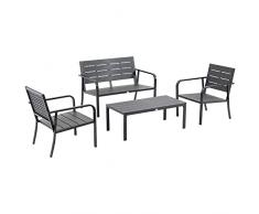 Outsunny Set Mobile da Giardino da 4 Pezzi, Salotto da Esterno con Panchina a 2 Posti, 2 Poltrone e Tavolino, Doghe in Plastica Effetto Legno, Grigio Scuro e Nero