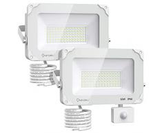 Onforu 2 Pezzi 60W Faretto con Sensore di Movimento, IP66 Impermeabile Faro LED Esterno con Sensore, 6600LM 5000K Bianca Faretti LED per Giardino, Corridoio, Terrazza, Patio