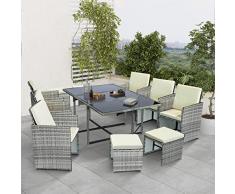Ribelli Set di mobili da giardino 11 pezzi, set salotto, cuscini - in PE rattan - tavolo più sei sedie e quattro sgabelli pratico da riporre, colorazione:grigio/crema