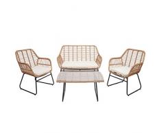 Mendler Salottino da Esterno Giardino HWC-G17a polyrattan Legno Chiaro Cuscini Avorio