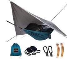 AnorTrek Amaca da Campeggio con Zanzariera e Telo Copertura Antipioggia, Amaca Doppia Portatile con Due Cinghie per Albero, Amaca in Nylon 230T e Set Telo Copertura Antipioggia