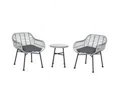 Outsunny Set Mobili da Giardino in Rattan PE da 3 Pezzi, Salotto da Esterno con 2 Sedie e Tavolino con Ripiano in Vetro per Terrazza e Bistrò, Grigio