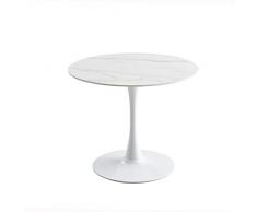 Interlanta - Tavolo da pranzo in pietra sinterizzata, bianco, 90 x 90 x 75 cm, rotondo, con base a colonna in metallo, base ampia e robusta
