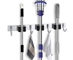 Supporto a muro per scopa Mop Supporto - Organizzatore di stoccaggio a muro in acciaio inox favoloso Gancio per attrezzi pesanti con 3 rack 4 ganci per cucina Bagno Armadio Garage Ufficio Giardino
