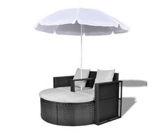Anself Set Lounge da Giardino in polirattan con Parasole da Esterno Nero