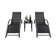 Increkid Set di 2 Lettini Prendisole in Ferroalluminio con Tavolino, Lettino da Spiaggia per Piscina, Sdraio Ergonomica da Giardino, Multiuso, Tessuto Traspirante, Portata 150 kg, Nero