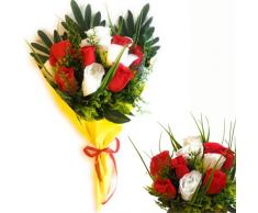 Fiori Artificiali Bouquet Mazzo Di Fiori Finti In Confezione Regalo - Confezionati Come Dal Fiorista (Rose miste Bianco & Rosso)