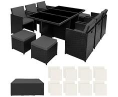TecTake 800855 Set di Mobili da Giardino Poli Rattan, Alluminio Arredamento Set 6X Sedie 1x Tavolo 4X Sgabelli, Involucro Protettivo, Viti in Acciaio Inox, Nuovo (Nero)