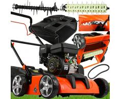 IMJ-Global Arieggiatore 3 in 1 Scarificatore 5 CV a Scoppio 196cc 3,8kW Motore 4 Tempi Benzina per Prato | 2 Rulli Intercambiabili | 8 Livelli di Regolazione in Altezza| Cestello Incluso