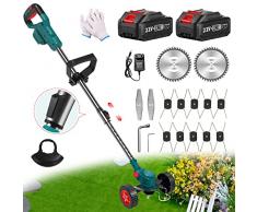 Decespugliatore a Batteria, Tagliabordi a batteria 21V con 2 batteria e 3 tipi di lame, Testa Regolabile E Maniglia Telescopica, Tagliaerba da Giardino Elettrico Prato Campo da Giardino