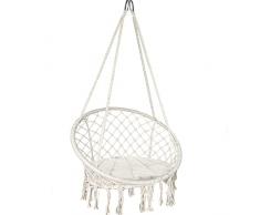 VOUNOT Poltrona Sospesa da Giardino, Sedia Amaca Altalena Macrame con Cuscino Rotondo, Ø80cm Capacità 120 kg, per Interni Esterno Giardino, Beige