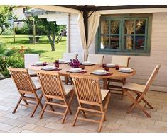 Set tavolo da giardino allungabile con 8 sedie in legno teak e cuscini