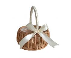 ZRSWV - Cesto in vimini per fiori, cestino per damigelle d’onore, con fiocco, realizzato a mano, con manico e fodera in plastica, per cerimonie nuziali (bianco, S)