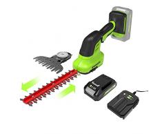 Greenworks Forbici per Erba e Arbusti Senza Fili 24V a Batteria 2 Ah Tagliasiepi Cesoia Taglio 20cm Denti 8 mm Funzione 2 in 1 G24SHT