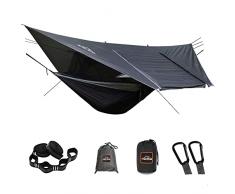 AnorTrek Camping Hammock con rete antizanzare e tettoia antipioggia, amaca doppia portatile con due cinghie per albero, amaca in nylon 210T e set di tettoia antipioggia impermeabile per escursioni
