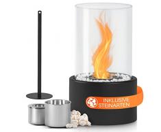 Jago® Caminetto da Tavolo - a Bioetanolo, 16,5x27 cm, Vetro Cilindrico, Acciaio Inox, con Pietre Decorative e Strumento di Estinzione, da Interno/Esterno - Caminetto Portatile, da Pavimento, Terra