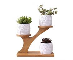LINGLAN 1 set gufo in ceramica vasi da giardino moderno decorativo cameretta succulente piante vasi da fiori fioriere 3 bonsai con mensola ripiani in bambù