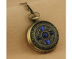 MUMUJIN Orologio da tasca meccanico in pietra blu nero acciaio quadrante romano orologio da tasca da uomo con catena da tavolo vintage