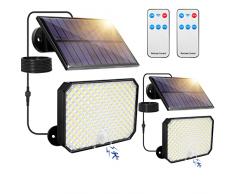 Viugreum 2 Pezzi Faro LED Esterno con Pannello Solare, [190 LED/3 Modes] Luci Solari Esterno, Luce LED Sensore Movimento con Telecomando, IP65 Lampada Solare da Esterno con Estensore da 5M