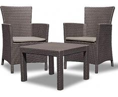 Allibert Rosario Balcony, Set di mobili da giardino, da 2 poltrone e 1 tavolino in plastica, simil-vimini, cuscini, colore antracite (P P Antracite)