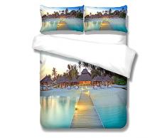 MENGBB Copripiumino Set Copripiumino Set Copripiumino In Microfibra Di Lusso Con Chiusura A Cerniera (1 Copripiumino + 2 Guanciali Cuscino) Spiaggia Padiglione Ponte Di Legno 260X240cm Copripiumino Ma