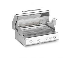 FRY TOP 750 RANGE Barbecue a Gas, BBQ da Esterno in Acciaio Inox con 5 Fuochi, 4 Bruciatori da 4 Kw +1 Infrarossi, 2 Griglie, Spiedo Motorizzato, Coperchio con Termometro Piano Cottura 750x450 mm