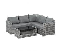 Outsunny Set Mobili da Giardino in Rattan PE da 4 Pezzi, Salotto con Divano Angolare e Tavolino con Vetro, Cuscini Imbottiti e Sfoderabili, Grigio
