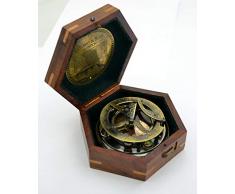 Brass Compass - Bussola con meridiana, in ottone, con scatola in legno