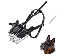 Museruola per cani, cestino per il viso in metallo, guinzaglio in pelle regolabile traspirante adatto per cani di taglia grande e media (M)