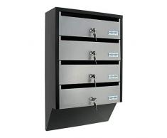 Rottner cassetta postale condominiale Depot 4 con 4 alloggi, struttura in lamiera dacciaio, targhette portanome, apertura frontale superiore, 4 serrature a cilindro, Argento/Nero.