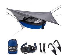Easthills Outdoors - Amaca Jungle Explorer da campeggio, matrimoniale, portatile, 299,7 x 200,66 cm, con zanzariera rimovibile e fasce per legarla agli alberi, Blu con pioggia
