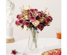 Fiori Artificiali,bouquet fiori artificiali mazzo fiori finti seta Rose Artificiali Blu 6 Ramo 12 Teste Bouquet Decorativo per balcone interno (Rosso Rosa)