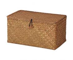 DOKOT Seagrass Cesta Vimini con Coperchio Cestini Portaoggetti Naturale (Medio 30cmx18cmx15cm H)