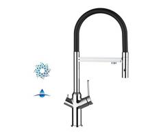 Rubinetto cucina 4 VIE per sistemi Frigogasatori e filtro acqua depuratore canna movibile e doccia staccabile 2 getti (Cromato / Nero)