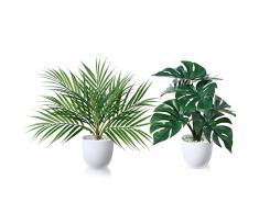SOGUYI Pianta Finta 40cm Areca Palm/Tropical Monstera Piante Finte da Interno Esterno con Vaso Plastica Pianta Artificiale per Decorazioni Balconi Casa Ufficio Scrivania Cucina Moderna Design,2 Pezzi