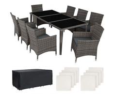 TecTake 403084 - Set di Mobili da Giardino Alluminio, 8 Sedie & 1 Tavolo con Piano in Vero Vetro, 2 Set di Rivestimenti, 1 Copertura Protettiva, Grigio