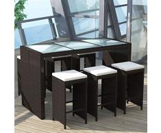 Tidyard Set Mobili da Giardino con Cuscini 6 pz in Polyrattan,Set di Mobili da Giardino Poli Rattan Arredamento,Set 2 Sedie 1 Tavolo 2 Sgabelli Marrone