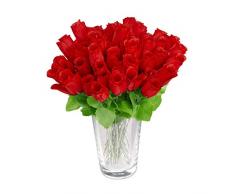 Relaxdays Bouquet di Rose, 48 Pezzi, Fiori Finti, Decorazione, Mazzo con Gambo e Foglie, Boccioli Rossi, H: 26 cm, Rosso, Poliestere, Rot, Set Pz