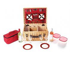 The Greenfield Collection, GG020, Cestino di Vimini da Picnic Deluxe, per 4 Persone, Colore Interno: Rosso, Rosso (Rot)