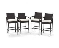 KOMFOTTEU Sgabello da Bar in Rattan, Sgabello da Bar con Schienale e Braccioli, Sgabello da Bistrot con Cuscino, Sgabello da Banco fino a 180 kg Caricabile per Giardino Balcone Terrazza, 4 pz (4)