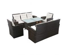 Festnight Set Divani da Giardino Esterni in Polyrattan Nero/Marrone e Bianco Crema con Tavolo Rettangolare,2 Divani 3 Posti+2 Poltrone+Tavolo Rettangoalre,Set da Giardino Tavolo e Sedie in Rattan