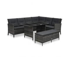 Tidyard 3 pz Set Divani da Giardino per Esterno con Cuscini in Polyrattan Grigio,Set Divano Angolare 4 Posti + Tavolo Vetro Rattan + Panca 2 Posti da Giardino Patio Terrazzo per Esterno in Rattan
