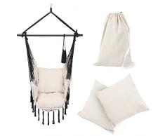 MIADOMODO® Sedia Amaca - Cuscino, 120x150cm, Carico 150kg, Cotone, Poliestere, Colore a Scelta - Sedia Sospesa ad Altalena, Macrame, Hammock, Poltrona Sospesa, Relax, Esterno, Giardino (Beige)