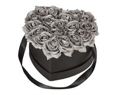 Relaxdays Bouquet Rose Eterne, Box a Cuore, Mazzo 18 Fiori Finti, Elegante Idea Regalo, Scatola Romantica, Nero Argento, 50% Carta 30% Poliestere 20% plastica, 13 x 22 x 19 cm