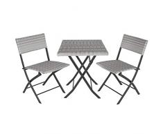 TecTake 800700 Set di Mobili in Rattan, 2 Sedie 1 Tavolo, Ripiegabile, con Protezione dai Raggi UV, Giardino Terrazza Balcone - disponibile in diversi Colori (Grigio Chiaro | No. 403714)