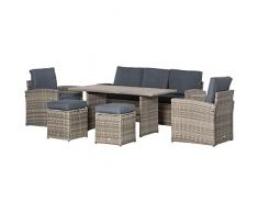 Outsunny Set Mobile da Giardino da 6 Pezzi in Rattan PE, Salotto con Divano 3 Posti, 2 Poltrone, 2 Sgabelli e Tavolo, Cuscini Sfoderabili, Grigio