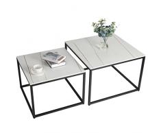 FATIVO Tavolino da Salotto quadrato: Set 2 Tavolini Sovrapponibili Soggiorno Caffè Moderno Tavolinetto Basso Tondo in Metallo Marmo Pietra Sinterizzata, Bianco, Grande 70cm Piccolo 60cm